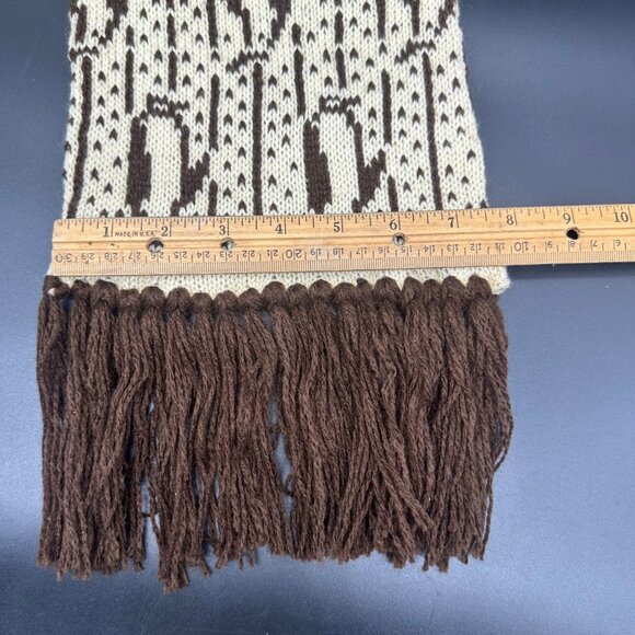Vintage Scarf Winter Hat Set Brown Cream Penguins 1980s Fringe Beanie Toboggan - Picture 5 of 7